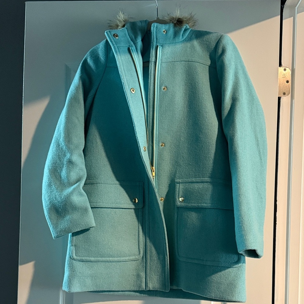 J. Crew Blue Pea Coat with Fur Trim - Picture 2 of 4
